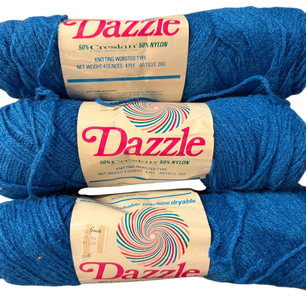 Vtg Caron Dazzle Yarn Teal Blue 2609 Lot of 3 Same Dye Lot 4oz Creslan Nylon